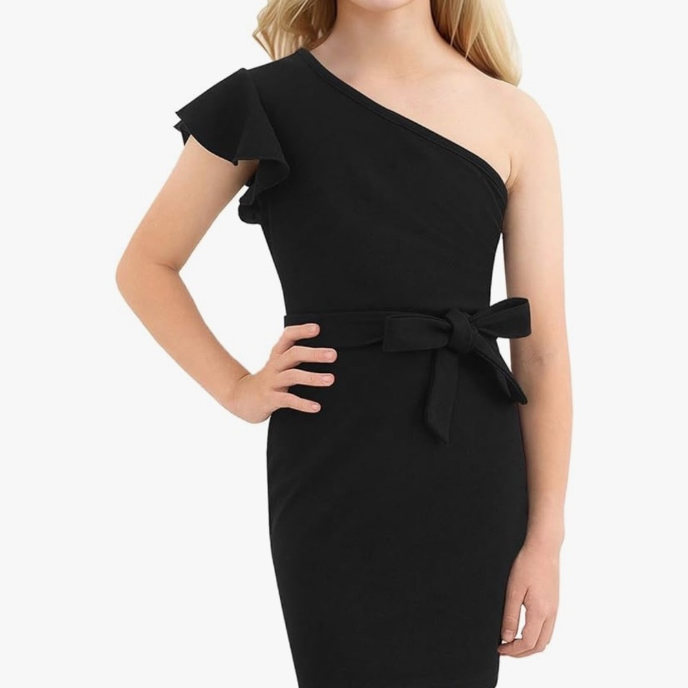 21KIDS Girl's One Shoulder Ruffle Flounce Sleeve Party Birthday Dress